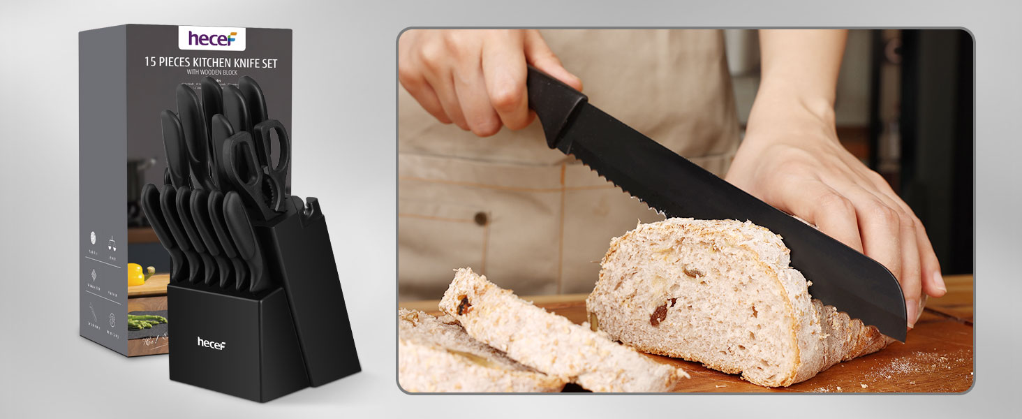 Набір кухонних ножів Hecef 15 предметів з бруском, чорний, з антипригарним покриттям, можна мити в посудомийній машині, самозаточуваний брусок, ергономічні ручки, кухонний набір ножів для початківців та кулінарів-ентузіастів