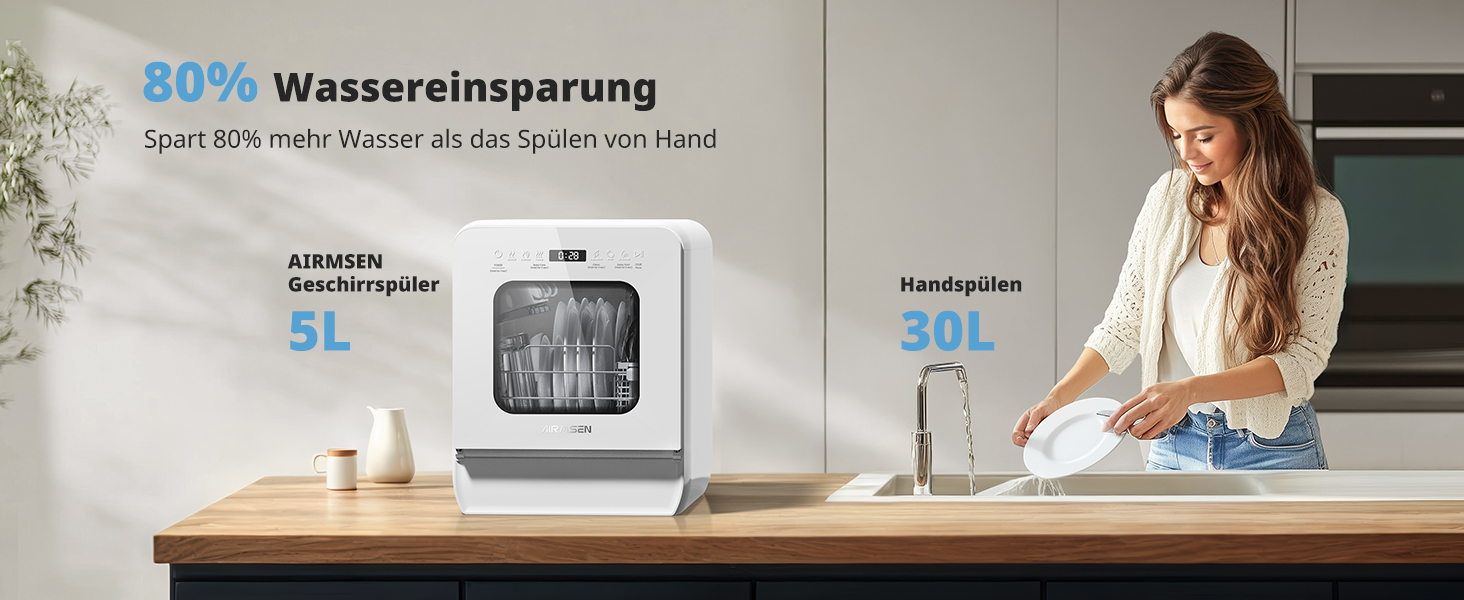 Мийка посуду AIRMSEN Mini для столу з резервуаром для води, ополіскувачем, 9 програм, 37*50 см, ультра-вузька, таймер 1-24 год, 360° подвійний розпилювач, шланг/без шланга, білий