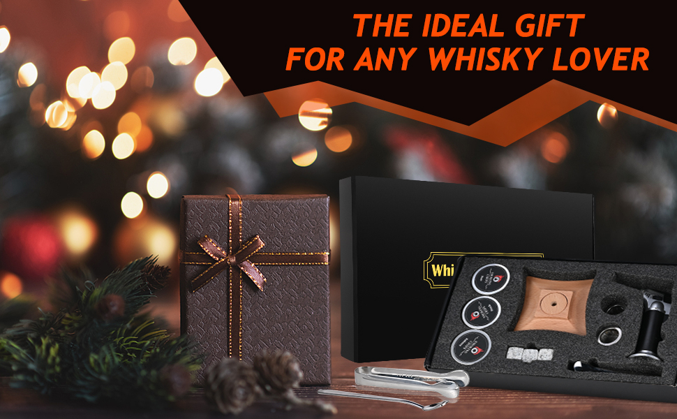 Набір для копчення коктейлів GOLDGE: набір для віскі з 6 видами дерев'яної стружки, ліхтарик, каміння для віскі. Подарунок для батька, чоловіка