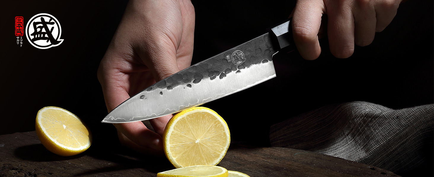 Японський ніж Mitsumoto Sakari для кухні, 14 см, з високоякісної сталі, ручка з рожевого дерева, подарункова коробка