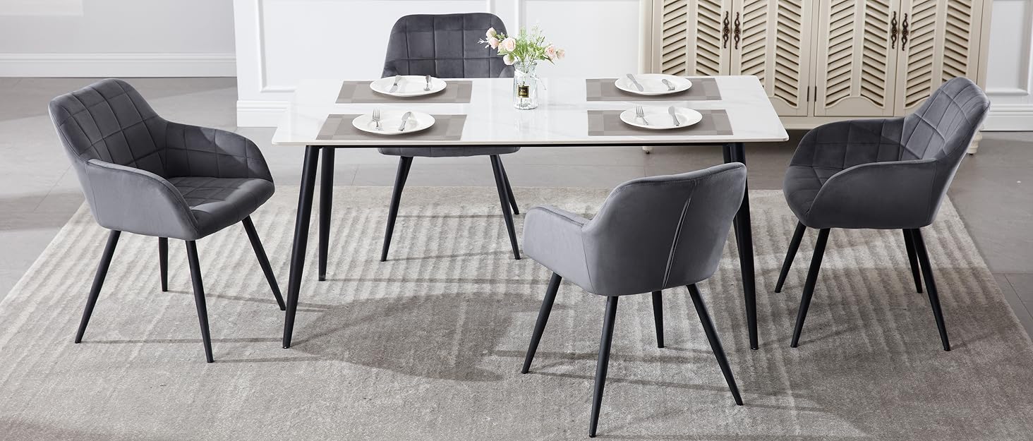 Стільці для обідньої зони WOLTU, кухонні стільці з велюру, м'які стільці з металевим каркасом, стільці з підлокітниками, стільці для вітальні, стільці для макіяжу, EZS32dgr-4 (Темно-сірий, набір 8 шт.)