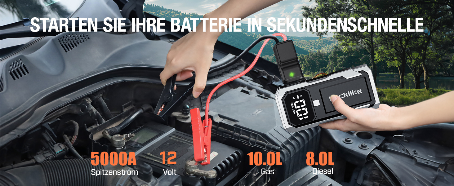 Бустер акумулятора Lucklike 5000A: Потужний пусковий пристрій (Powerbank) для авто (до 10.0л бензин / 8.0л дизель), 12V літієвий пускач з LED-ліхтарем, сріблястий