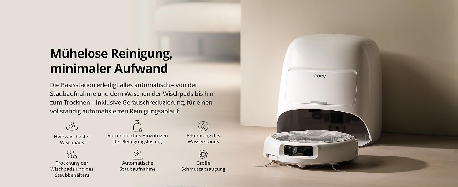 Робот-пилосос DJI ROMO S з функцією миття підлоги, 25 000 Па потужність всмоктування, розпізнавання перешкод рівня дрона, два робочі руки, 200 днів без обслуговування, автоматичне очищення та сушіння моп-насадки (DJI ROMO A (версія з баком для води))