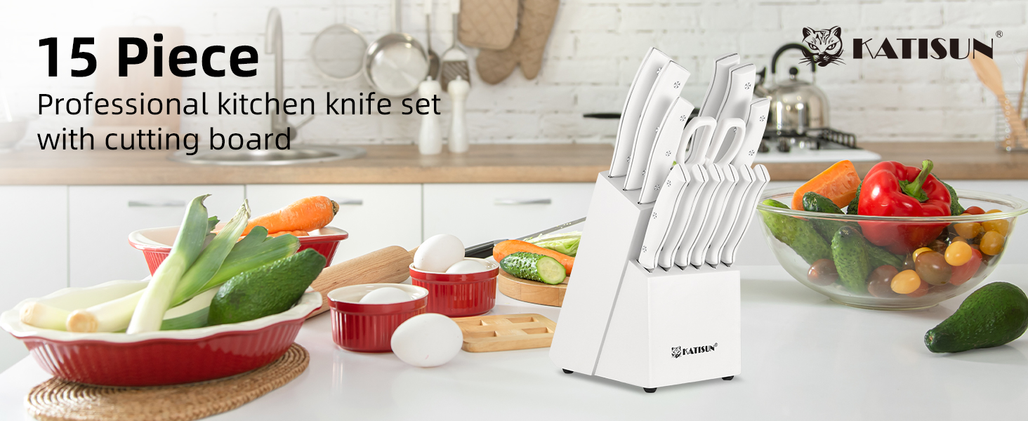 Набір ножів 15 предметів: ніжний блок з самозаточкою, набір кухонних ножів з нержавіючої сталі з ергономічними ручками, включаючи кухонний ніж, саторі та інші