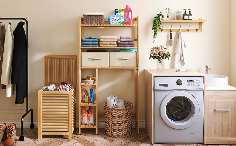 Бамбукова надунітазна полиця SMIBUY, 6-рівнева, з бічними полицями і 2 шухлядами, стійкий органайзер для ванної та пральні, натуральний колір