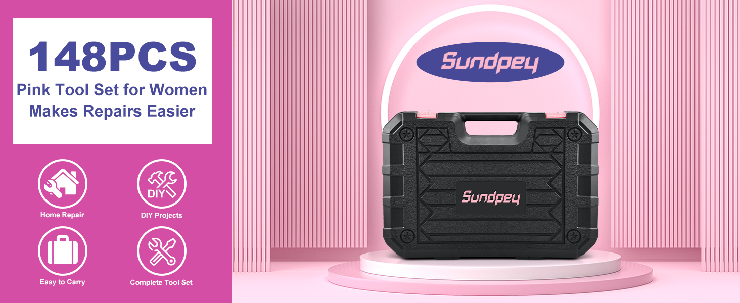 Набір інструментів Sundpey 148 предметів в кейсі - рожевий, з викрутками, ключами, плоскогубцями та тестером напруги для дому та майстерні