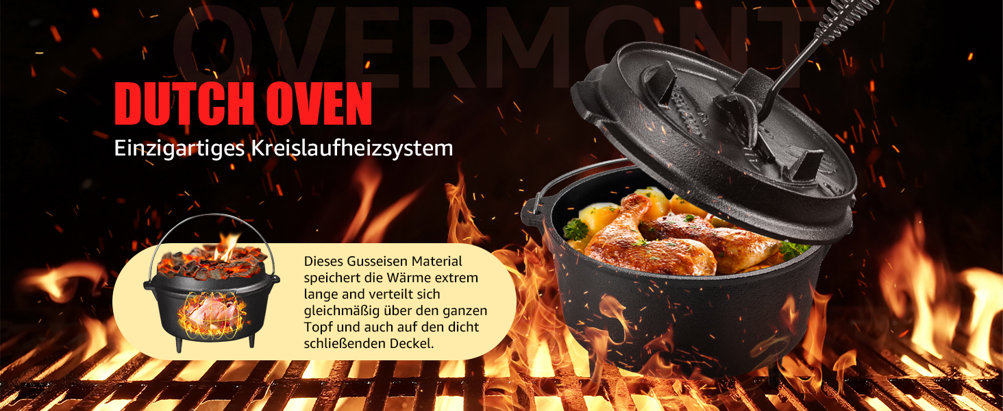 Чавунний казан OVERMONT Dutch Oven (розмір L) для багаття та кемпінгу, з двосторонньою кришкою, ніжками та піднімачем