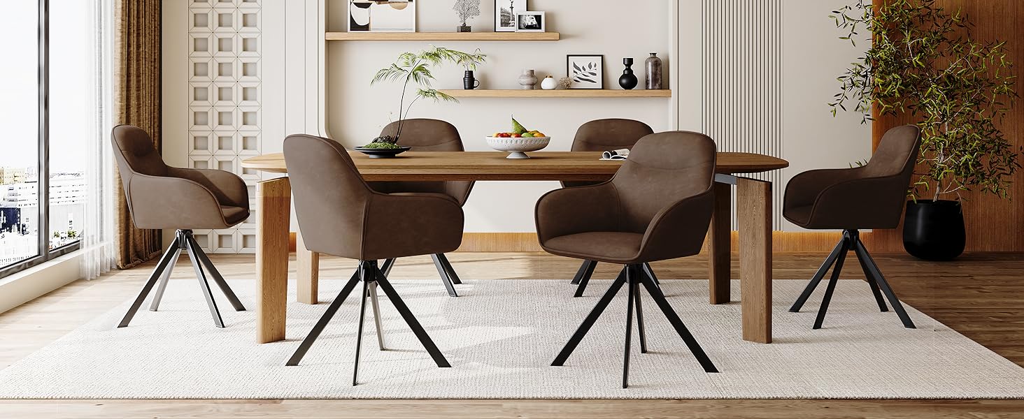 Обідній крісло з підлокітниками, набір з 6 обертових крісел, крісло для кухні, офісу, м'яке крісло з поліестеру та металевими ніжками, спинкою (6 шт., темно-коричневий)