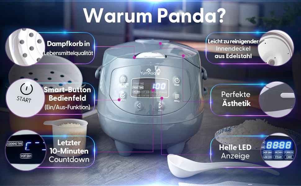 Рисоварка Yum Asia Panda Mini з керамічною чашею Ninja та технологією Fuzzy Logic (3,5 чашки, 0,63 л), 4 функції приготування рису, 4 функції мультиварки, 220–240V (Кобальтово-сірий)
