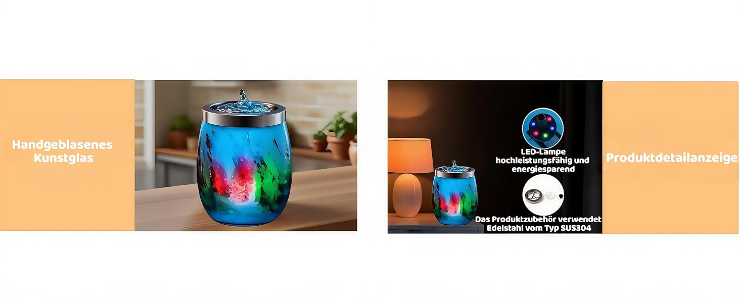 Декоративний фонтан VOREEN Zimmerbrunnen з підсвіткою LED, виготовлений з видувного скла, для вітальні, спальні та офісу, 15 см (Синій, S)