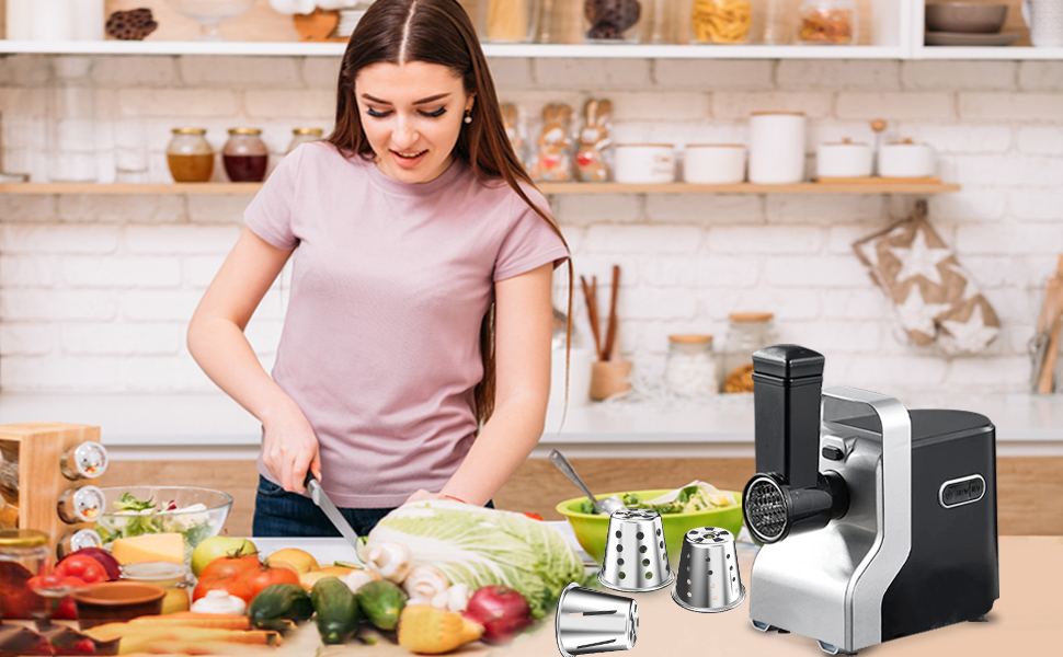 Електрична м'ясоподрібнювач Fleischwolf, мультифункціональна модель з трьома насадками для нарізки, з насадкою для ковбас та для випікання, 3 сталеві диски, чорний