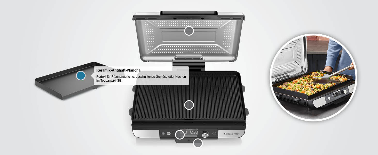 Ninja Sizzle Pro XL: гриль та плоча для дому з антипригарним покриттям, збірний, з піддоном для жиру та рецептами, срібно-чорний, GX101EU XL