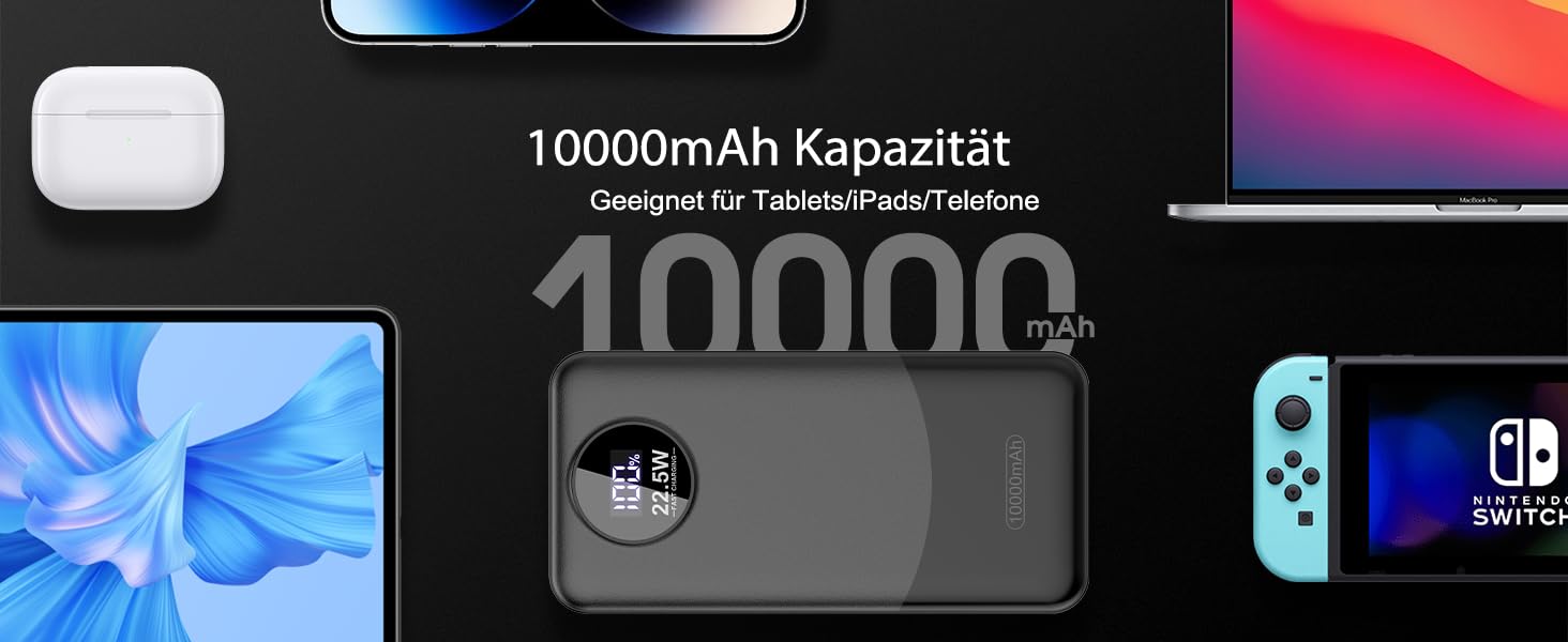 Порти, LED дисплей, для iOS/Android (чорний), 10000mAh, 22.5W PD QC 3.0, USB C, 3