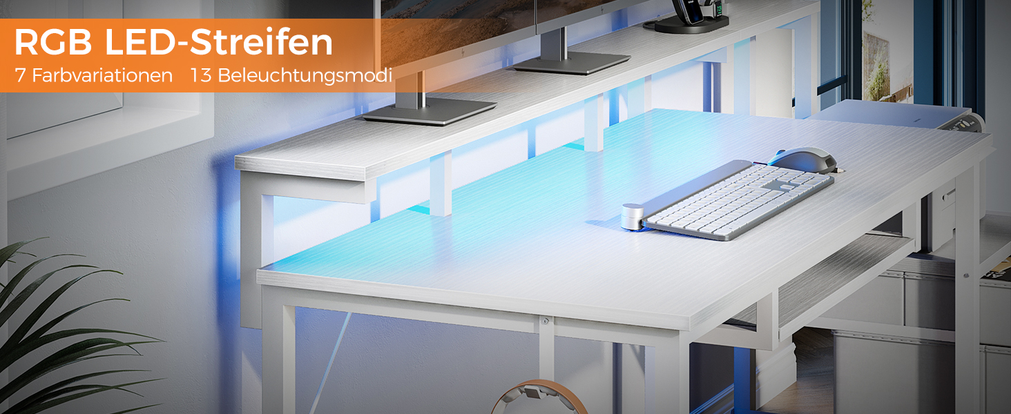Ігровий стіл Coleshome з LED підсвічуванням, 140x48 см. Стіл з тканиними ящиками, комп'ютерний стіл з 2 розетками та 2 USB-портами, стіл для ігор з підставкою для монітора для дому/офісу, білий 140x48 см