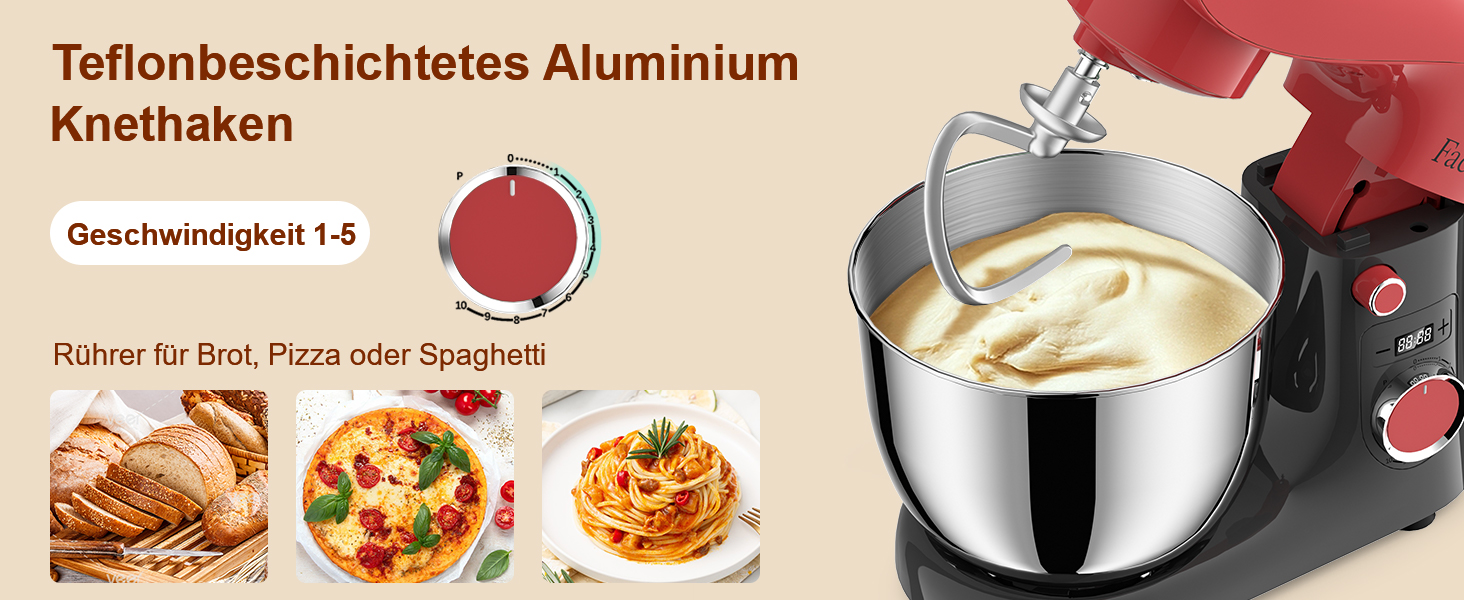 Кухонна машина-міксер Facelle 1500W з чашею 5.5L/4.5L, 10+ програм, тиха робота, з набором насадок (червоно-сірий)