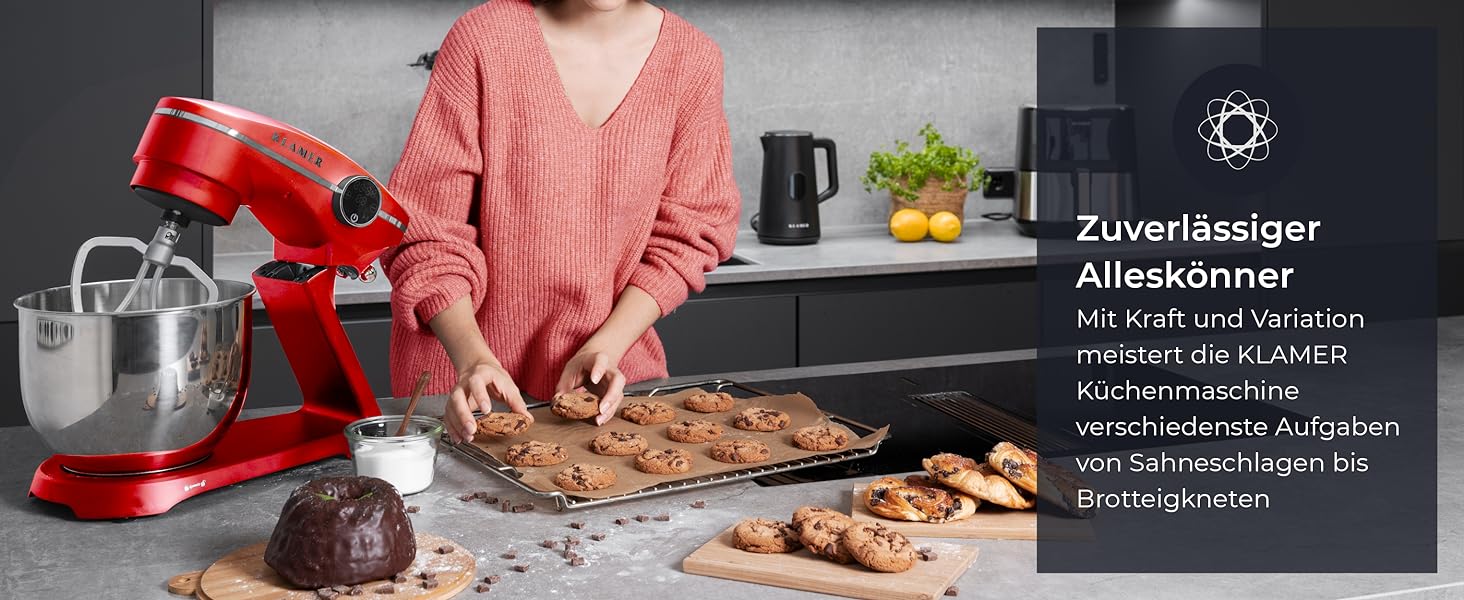 Кухонна машина KRAMER 1800W з чашею з нержавіючої сталі 6 л, 10 швидкостей з таймером, планетарний міксер, гак для тіста, вінчик, міксер, кришка (червона), преміум-якість