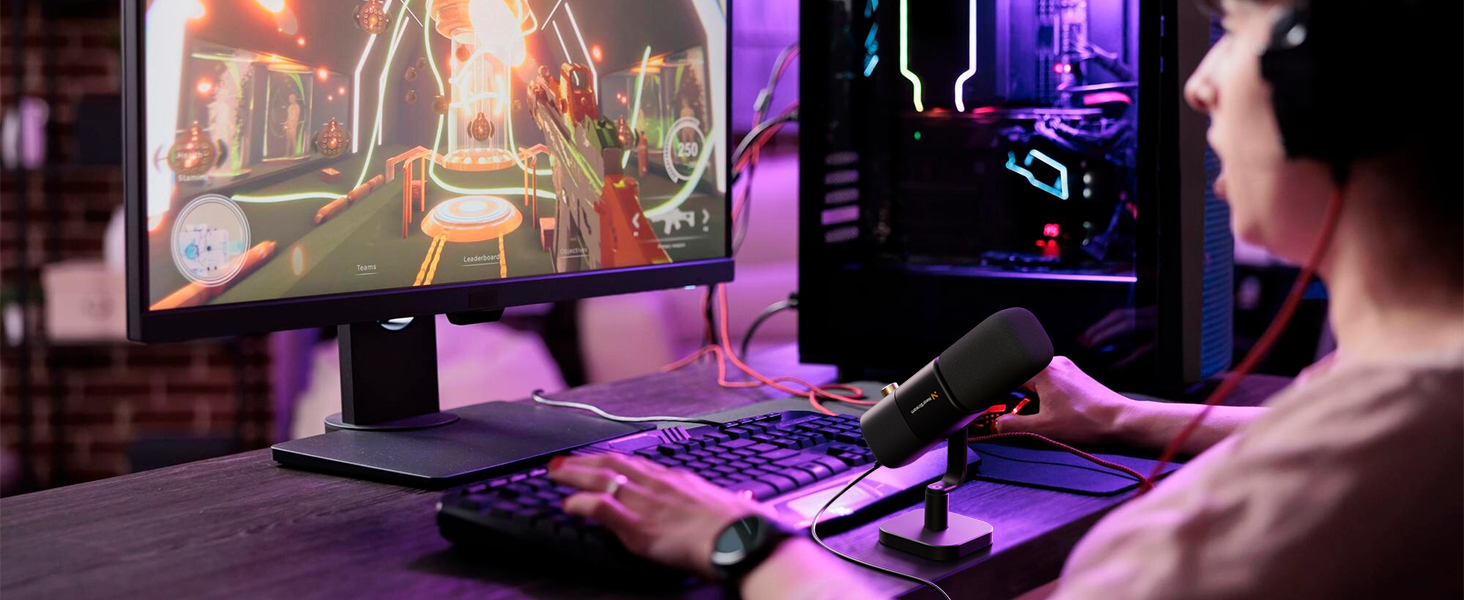 Kondensторний мікрофон NearStream AM25X USB/XLR зі стійкою: Набір для подкастів, стримінгу, студії та ігор на PC/PS5/PS4. З функцією моніторингу та шумозаглушенням.