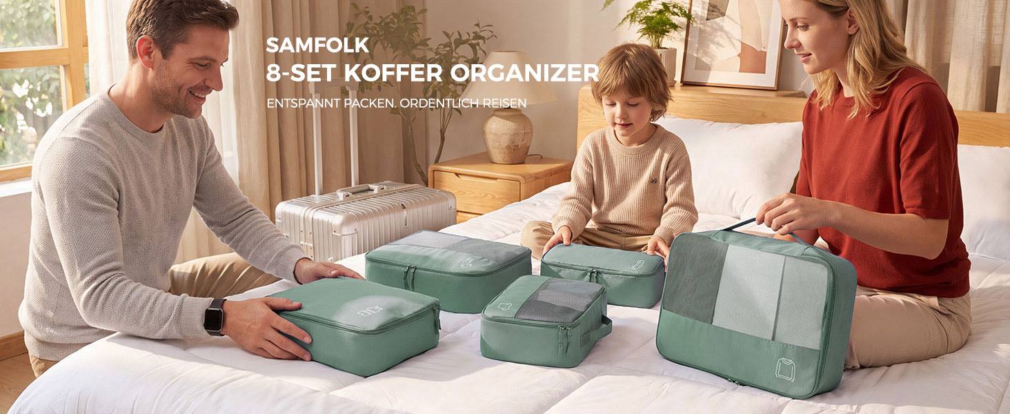 Набір органайзерів для валізи та рюкзака Packing Cubes, 8 предметів, сіро-зелений — дорожній набір для пакування речей