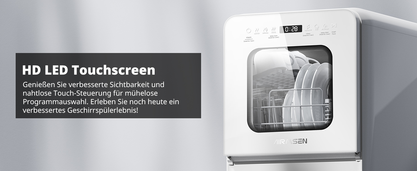 Мийка посуду AIRMSEN Mini для столу з резервуаром для води, ополіскувачем, 9 програм, 37*50 см, ультра-вузька, таймер 1-24 год, 360° подвійний розпилювач, шланг/без шланга, білий