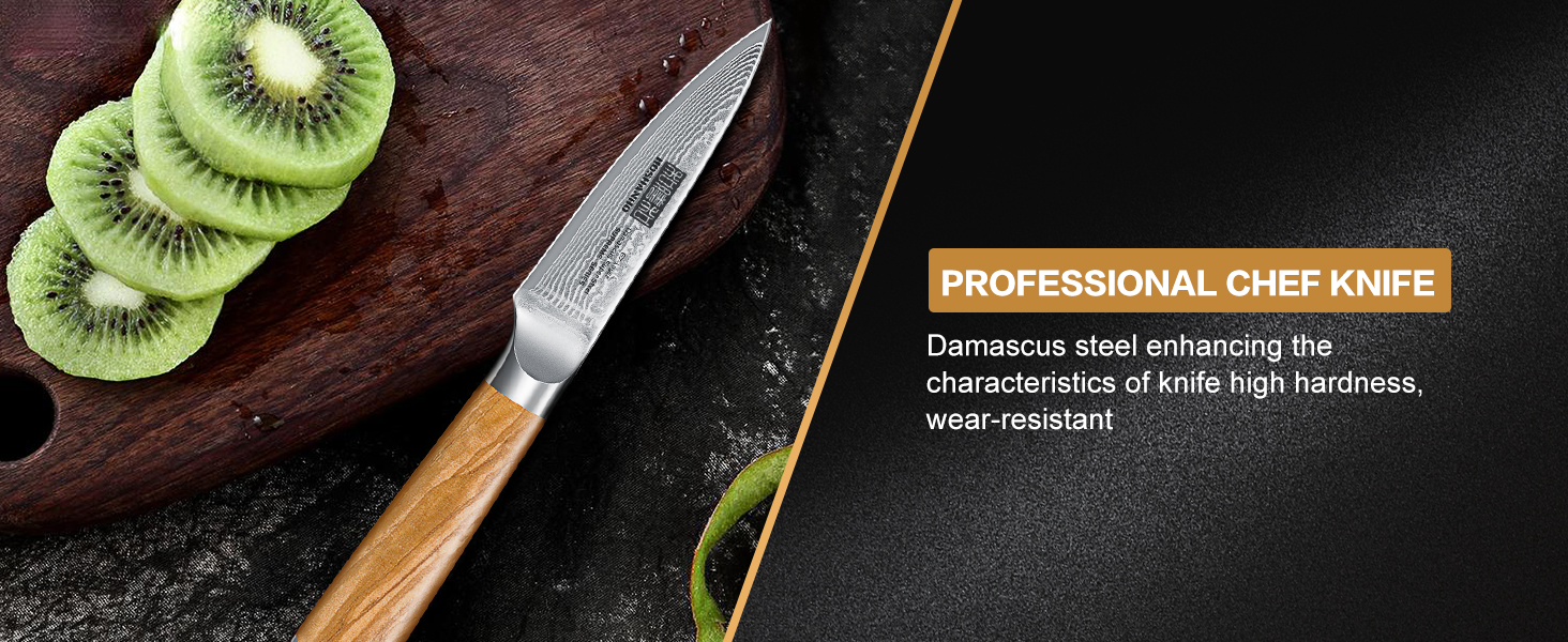 Японський ніж HOSHANHO з дамаської сталі 20 см, 67 шарів, кухонний ніж для приготування їжі, гострий, з ергономічною ручкою оливкового кольору (9.5 см), ніж для очищення