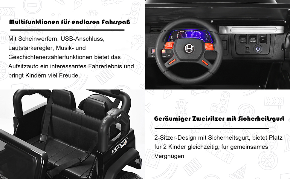 Дитячий електромобіль COSTWAY на 2 місця, 12V, з пультом, MP3, музикою, сигналом і фарами, для дітей від 3 років, чорний