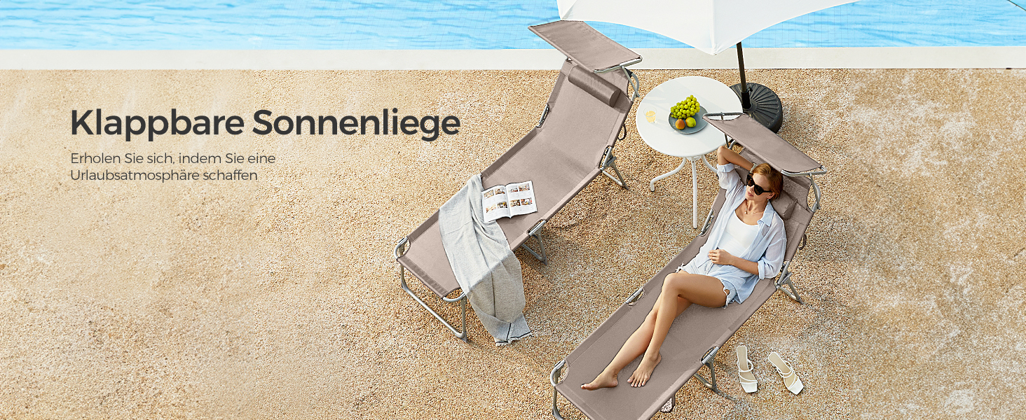 Лежак для відпочинку SONGMICS, розкладний, 193 x 53 x 29 см, до 150 кг, захист від сонця, подушка, регульована спинка, для саду, басейну, тераси (Taupe, без наматрацу)