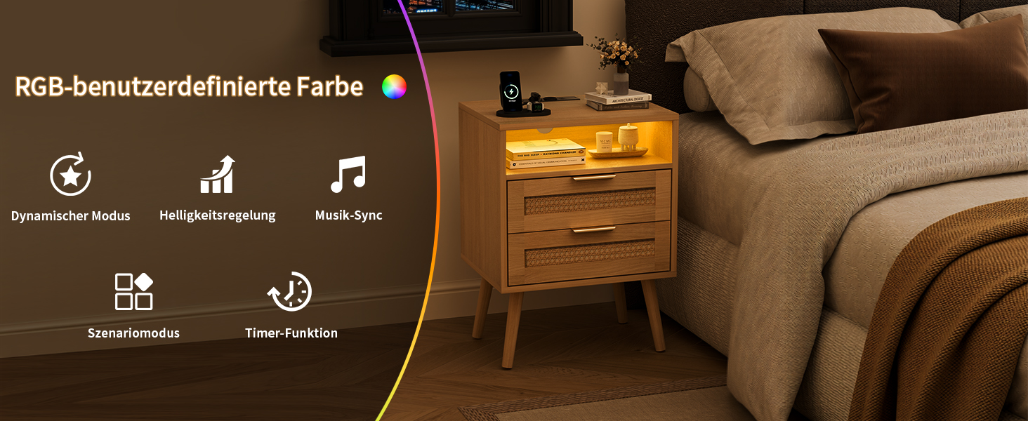 Набір з 2 приліжкових тумбочок з ротангу, LED-підсвічуванням, розетками, регульованим кольором, з відкритим простором та 2 висувними ящиками з ротангу, масивні дерев'яні ніжки, колір дерева (2 шт.)