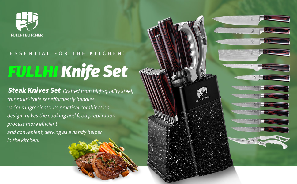 Набір кухонних ножів Fullhi 14 предметів з бруском для заточування: кухонні ножі, ножі для стейку, барвисті ручки. Ідеальний подарунок для чоловіків та жінок.