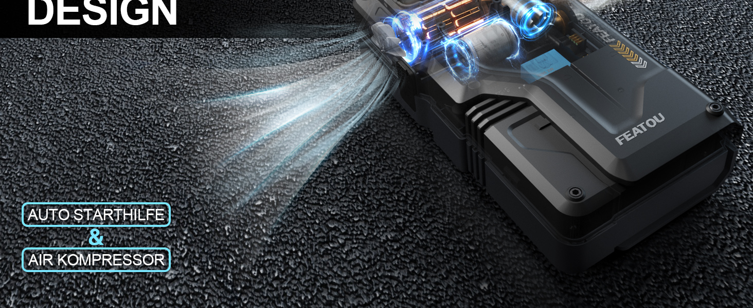 Powerbank з компресором Starthilfe 6500A: автостартер 12V для легкових автомобілів з повітряним насосом, бустер-акумулятор (для 9.0L бензину/8.5L дизеля) з пусковими кабелями, LED ліхтар 500 люмен (чорний), піковий струм 6500A