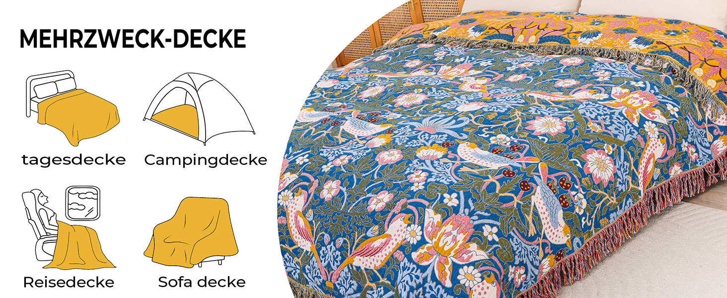 Плед Boho з 100% бавовни, стиль кантрі, 150х200 см (Птахи та квіти)