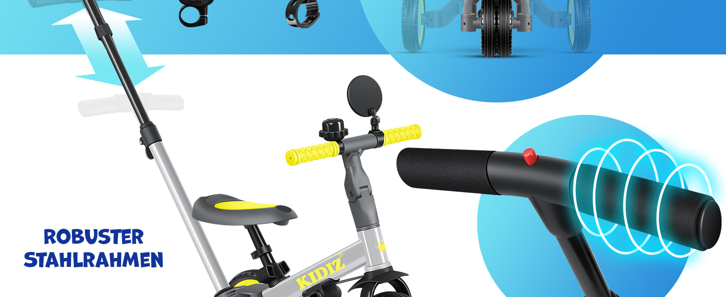 Біговел-триколіс KIDIZ 6-в-1 для дітей від 1 до 5 років (до 25 кг), сірий: з ручкою, захисним бампером, ременем безпеки, дзвінком та дзеркалом