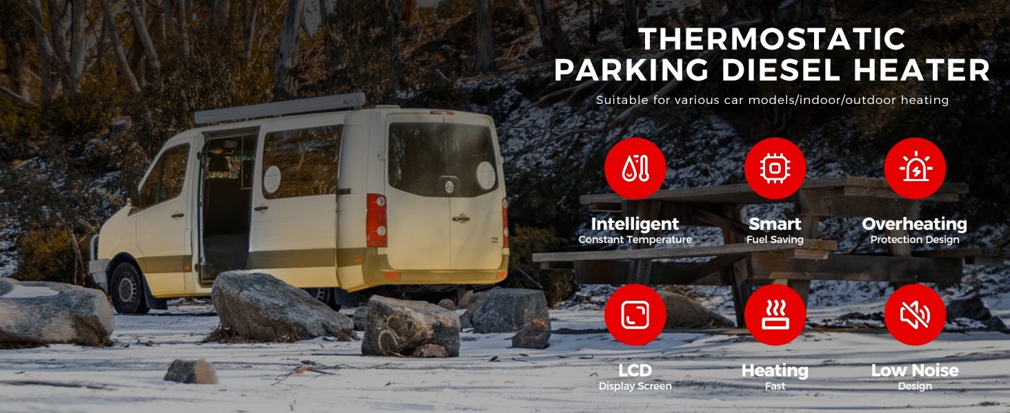 Дизельний опалювач 8kW з Bluetooth, 12V/24V/230V для вантажівок, фургонів, автодому, з автоматичним запуском та адаптером живлення, 2025 року випуску, блакитний