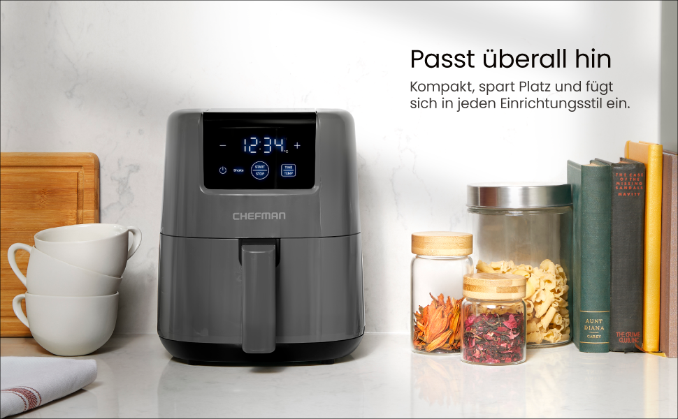 Фритюрниця Chefman 2L з гарячим повітрям - компактна, з антипригарним покриттям, для швидких та простих страв, з цифровим таймером та нагадуванням про струшування - сіра
