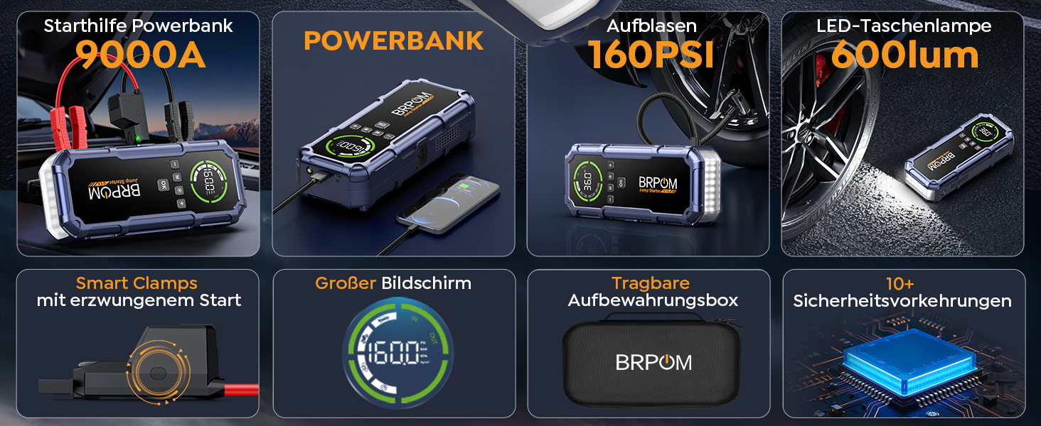 Пусковий пристрій BRPOM 9000A з компресором 160 PSI та Powerbank, фіолетовий