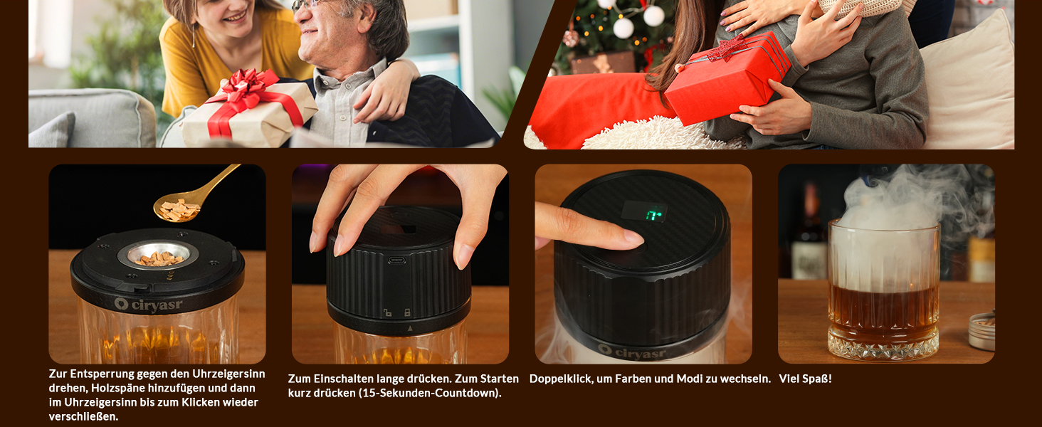 Набір для копчення віскі CIRYASR, електричний, без бутану, з 6 смаками дерев'яної стружки, 2 віскі-стоуни, RGB-підсвічування, подарунок для чоловіків, батька, чоловіка (з 2 склянками)