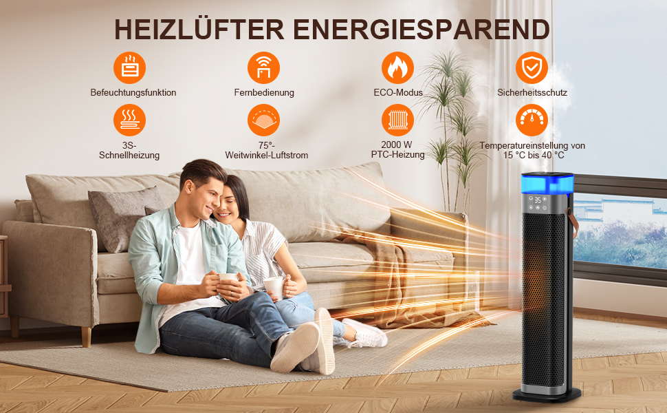 Електричний обігрівач з підігрівом, 2000W, PTC керамічний, з функцією зволоження, пульт дистанційного керування, 75° осциляція, 3 режими підсвічування, ECO-режим, захист від перегріву та перекидання, таймер 12 год