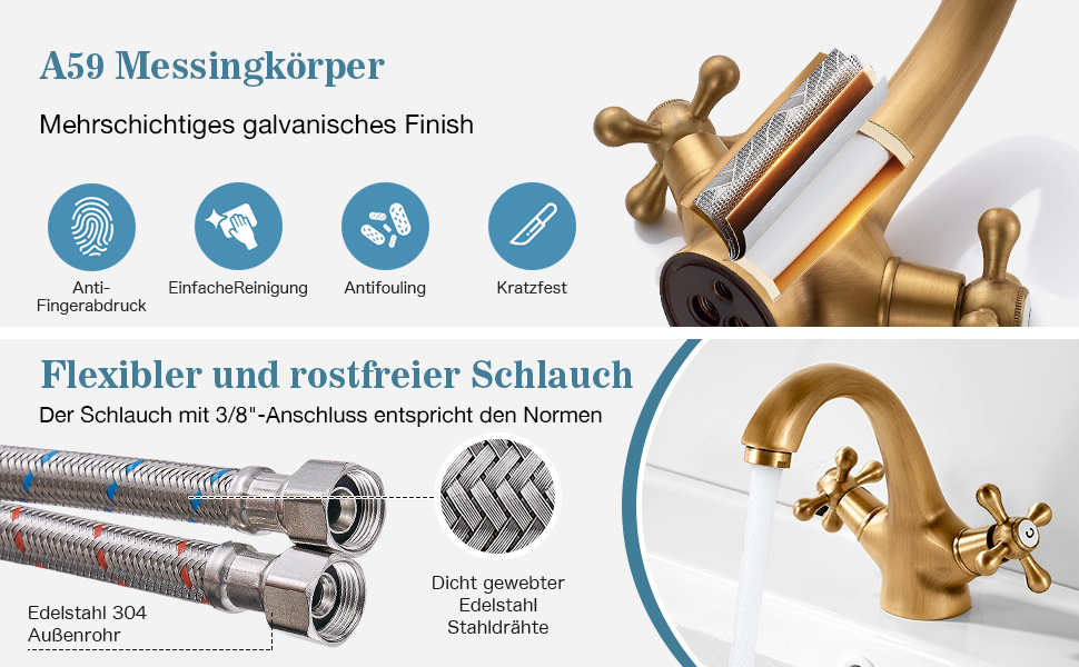 Змішувач для ванної кімнати з міді, ретро стиль, 2-вентильний, G3/8, для мийки, антична мідь