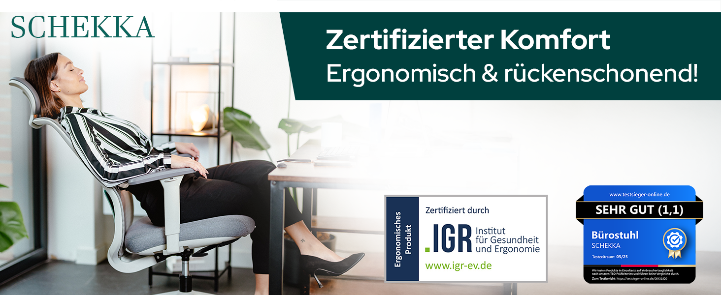 Ергономічне крісло Schekka® для офісу - переможець тестів. Індивідуальне регулювання, підтримка попереку, 3D підлокітники, дихаюча сітка. Макс. вага 150 кг, чорний колір, без підголівника.