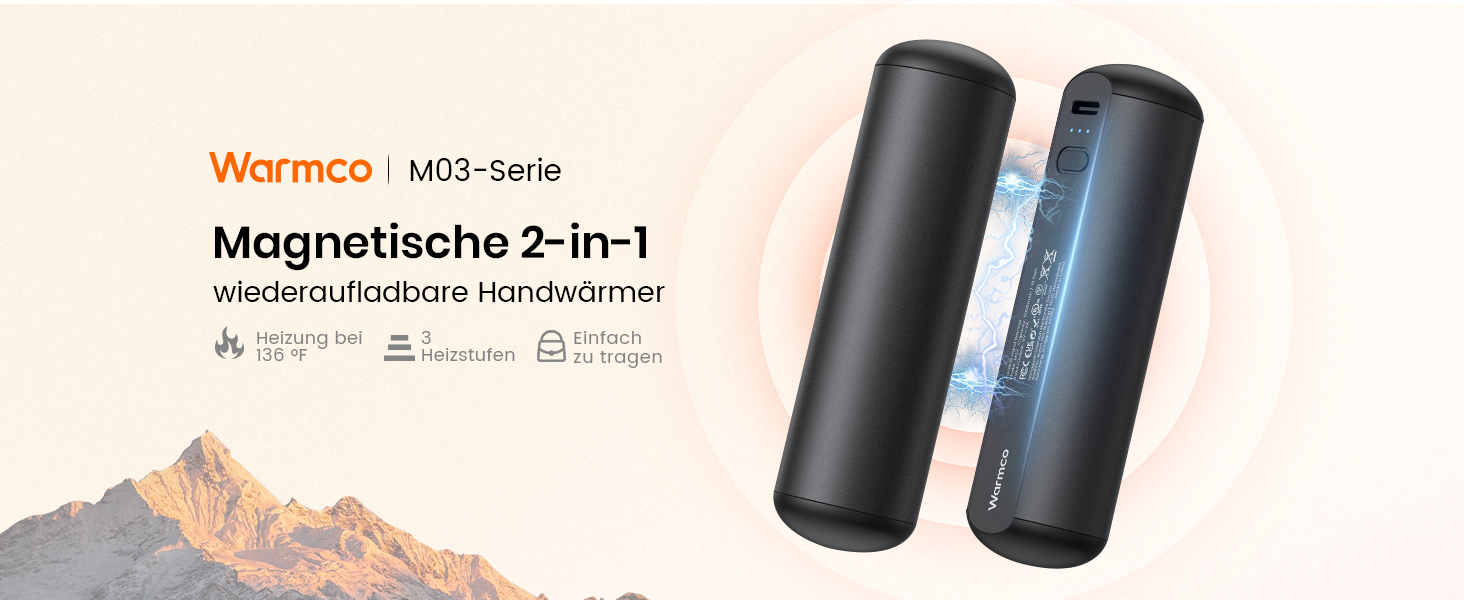 Електричні грілки для рук Warmco 2 шт., 10000 мАг, багаторазові, 3 режими нагріву, портативна батарея-грілка, чорний
