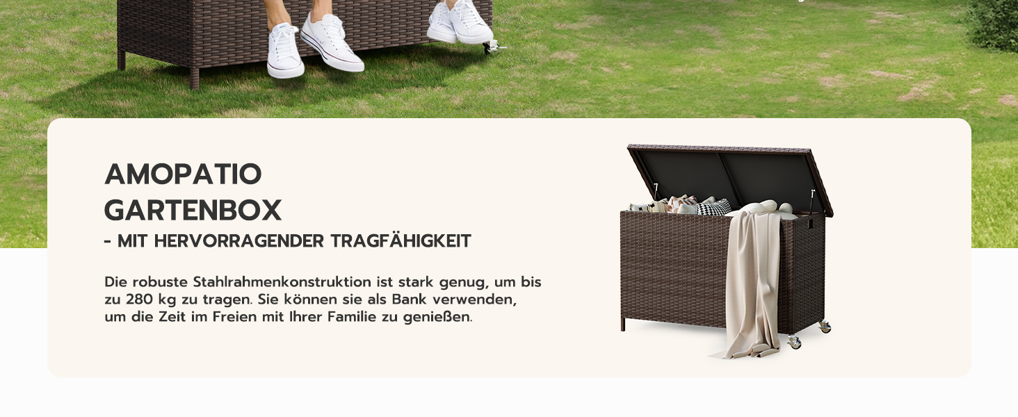 Водонепроникний садовий ящик Amopatio Gartenbox 480л з поліротангу, металевий з колесами та газліфтом для саду, балкону - коричневий