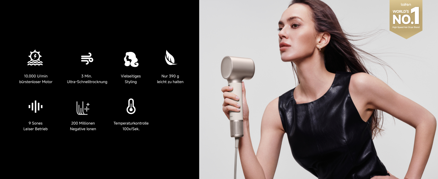Фен для волосся Laifen Neo Special Starlight: безщітковий мотор 110 000 об/хв, іонізація 200 млн негативних іонів, інтелектуальний контроль температури, 2 магнітні насадки