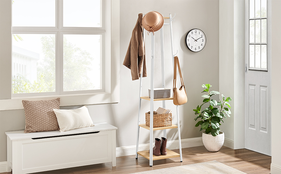Стійка для одягу VASAGLE з 8 гачками, 4 полицями та вішалкою, металевий каркас, для шалей, курток, сумок, для прихожого, золотий дуб + білий, LCR080W09