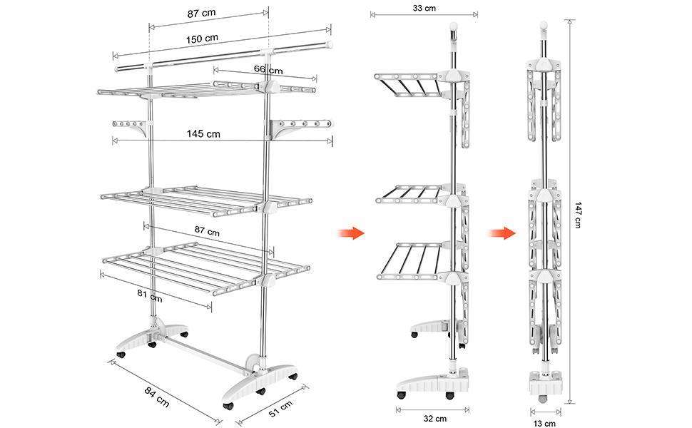 Сушарка для білизни, сушильна стійка - Матеріал труби з нержавіючої сталі - Максимальна вантажопідйомність 3 кг на опорну планку - 4 полиці, з крилами та верхньою частиною штанги (білий, 3 рівня сушіння)