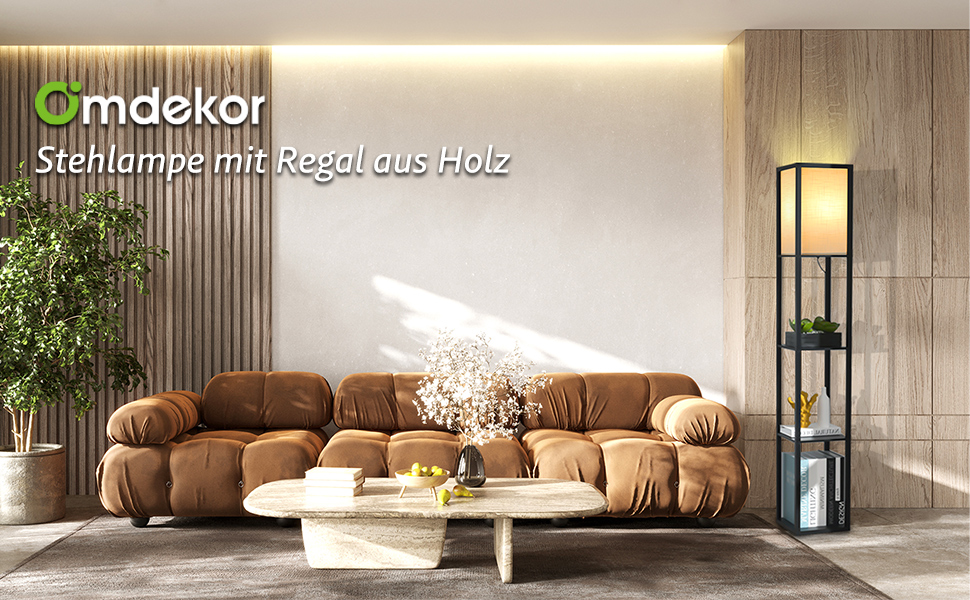 Торшер з дерев'яною поличкою Stehlampe, чорний, 3 режими світла, 1.62м для вітальні, спальні, офісу