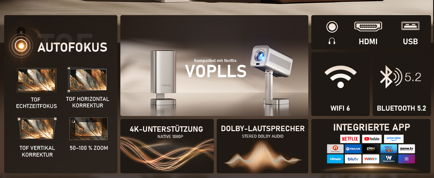 Mini проєктор Smart Beamer 4K з автофокусом, WiFi6, Bluetooth, 28000 люмен, підтримка Netflix та Dolby Audio. Підходить для домашнього кінотеатру та використання на вулиці. Сумісний з телефонами та ПК.