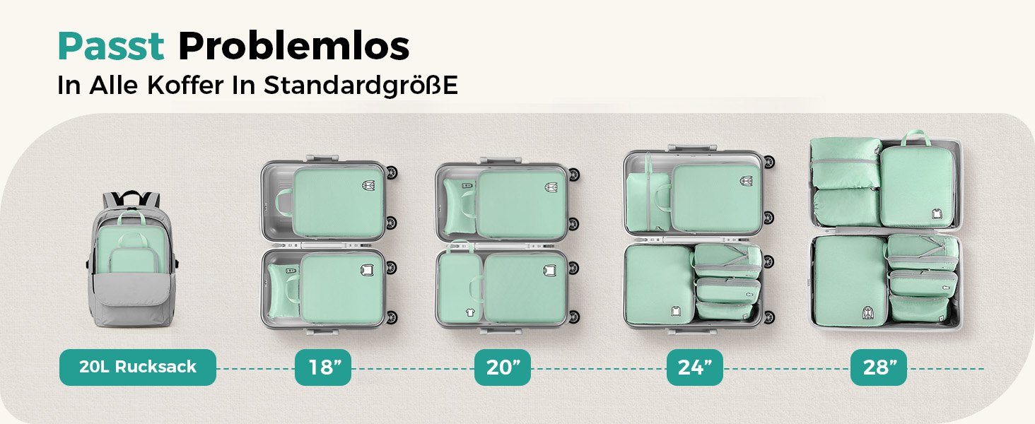 Набір органайзерів для подорожей у валізу з компресією, 8 водонепроникних пакувальних кубів для ручної поклажі та рюкзака, зелений колір