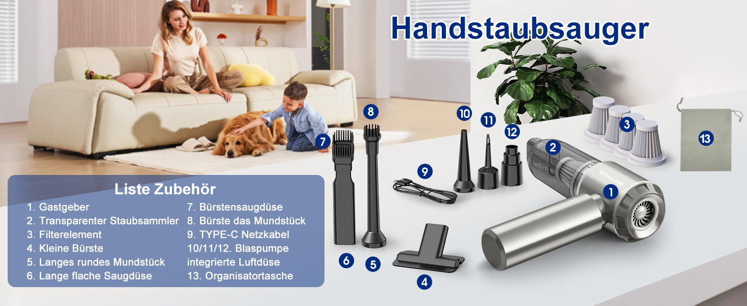 Акумуляторний ручний автомобільний пилосос 4 в 1, потужність 22000 Па, циклонна система, 3 режими всмоктування, портативний бездротовий пилосос для авто та шерсті тварин (світло-сірий)