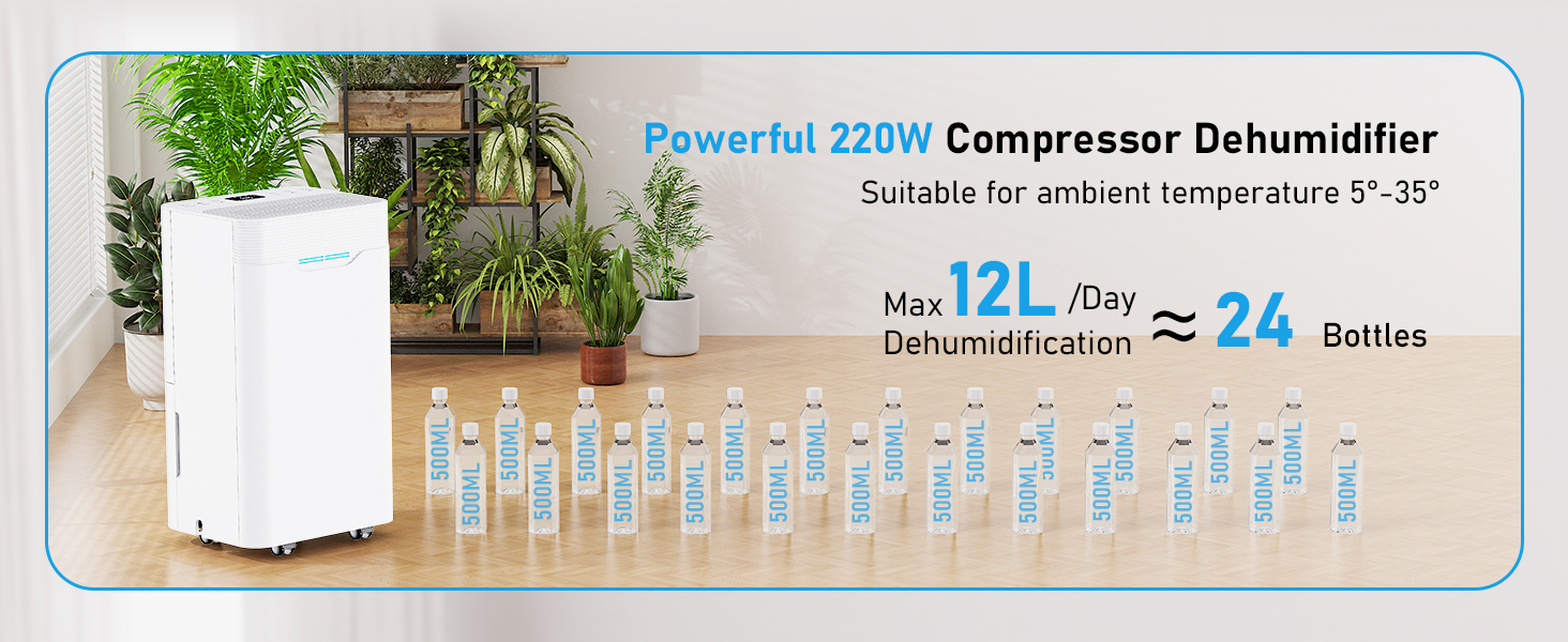 Електричний осушувач повітря 12л/день з таймером 24г, 3 режими, автовимкнення, шланг для зливу, для приміщень до 100м³, білий
