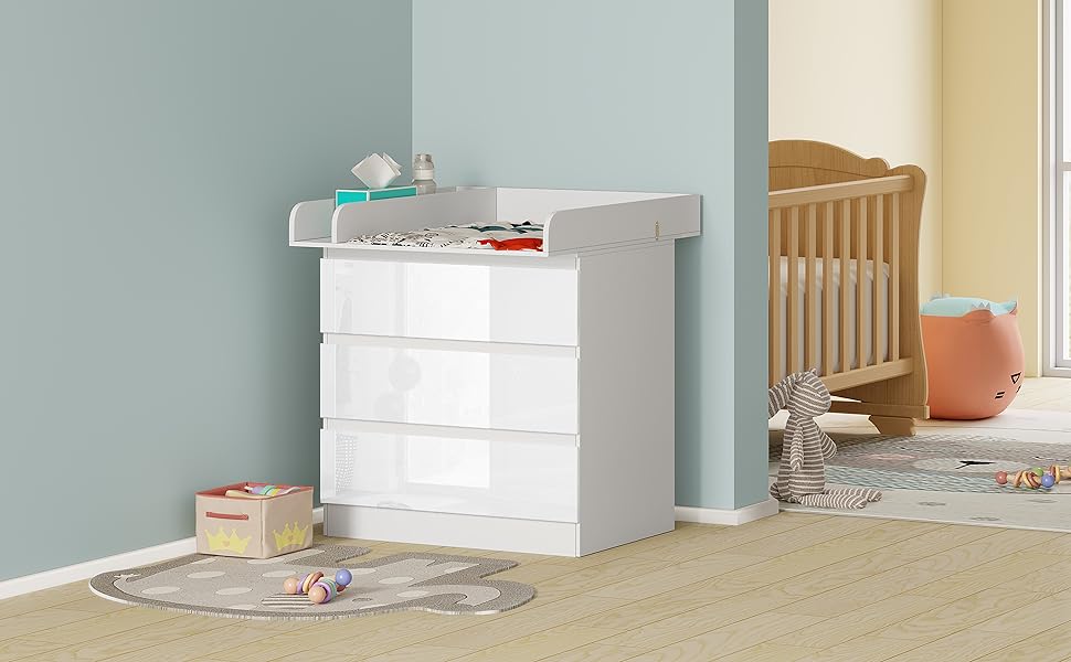 Комод-пеленальник WOLTU з пеленальним столиком, 3 висувні ящики, захист від перекидання, 86 см, білий