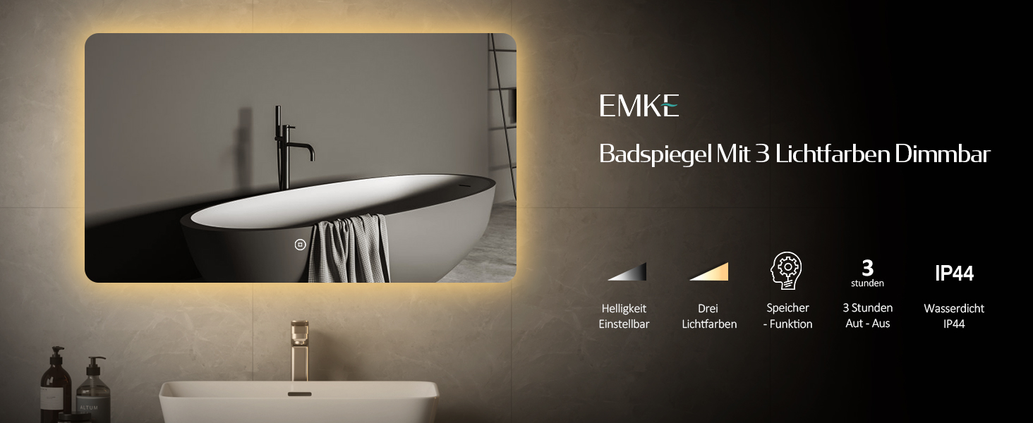 Дзеркало для ванної кімнати EMKE з підсвічуванням 60x80 см, сенсорне, протизапітніюче, 3 режими освітлення, таймер 8 годин